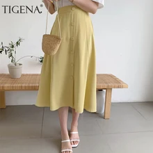 Tigena модная однобортная длинная юбка миди Женская летняя Корейская трапециевидная школьная юбка с высокой талией женская желтая Красная Зеленая