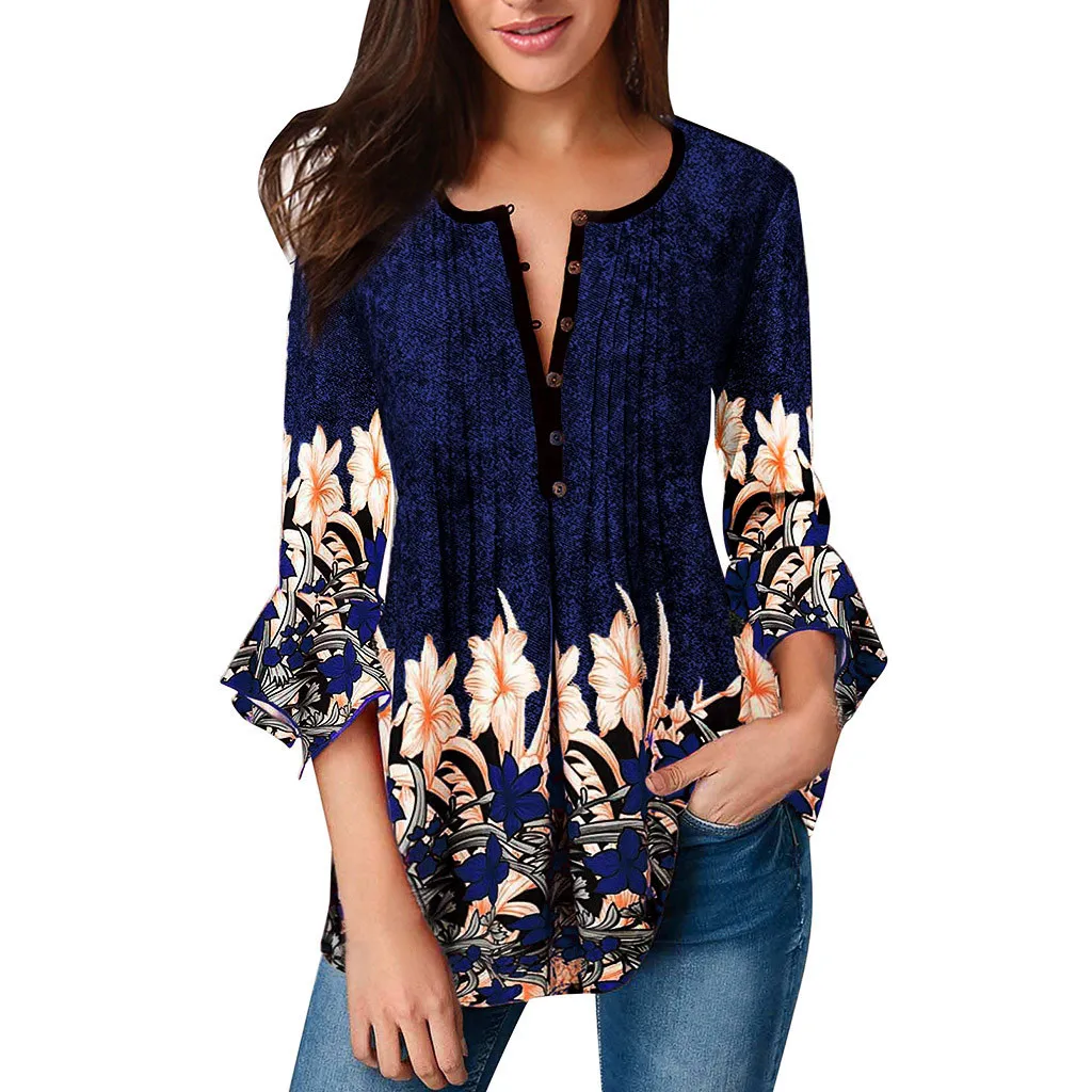 

feitong Women Casual Quarter Sleeve Button Up Pleated Shirt Top Blouse kimono mujer blusas largas mujer bluzas de mujer 2019