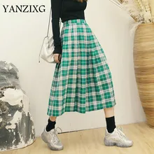 Новое поступление, Весенняя зеленая клетчатая юбка в английском стиле, Женская плиссированная юбка средней длины с высокой талией, винтажная юбка-Зонтик для женщин, Q057