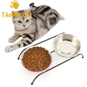 

Large size Pet Bowl Cat Dog Bowl Iron Frame Two Bowls Stainless Steel Anti-skid Food Water Dishes Feeder Travel Bowl