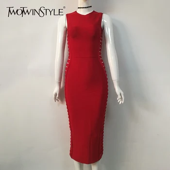 

TWOTWINSTYLE Hollow Out Dress Female Sleeveless Slim Bodycon Sexy Long Party Dresses 2020 Summer Fashion Womens New Clothing