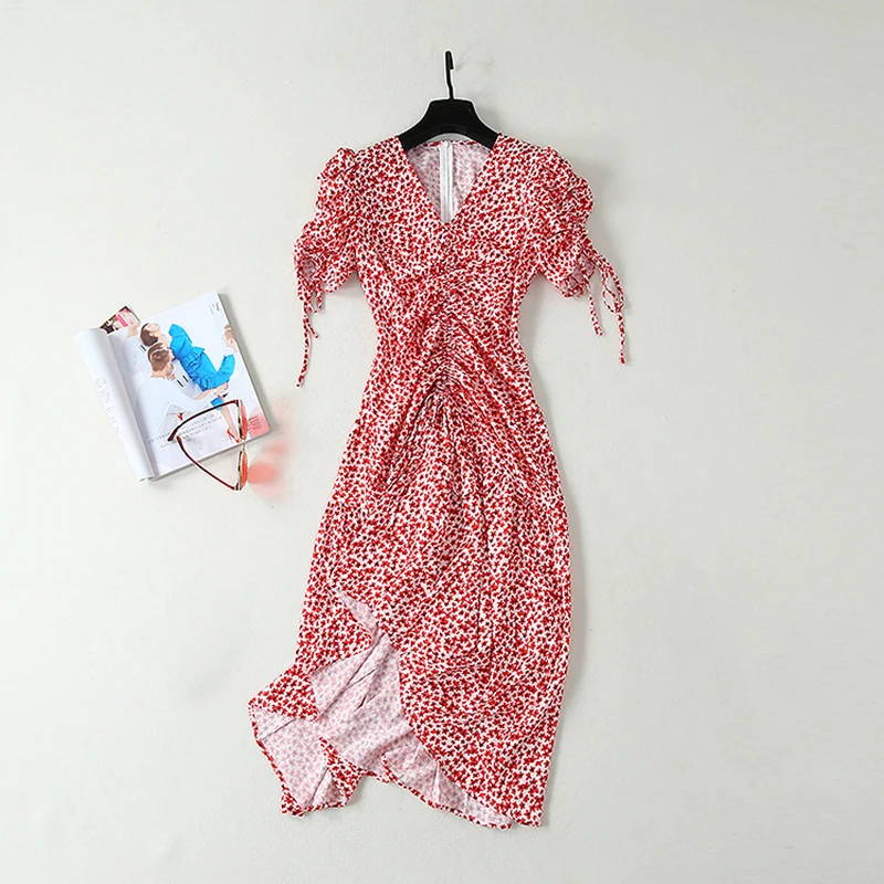 

HIGH QUALITY Newest 2019 Summer Runway Dress Women's Short Sleeve V-neck Floral Print Asymmetrical Dress