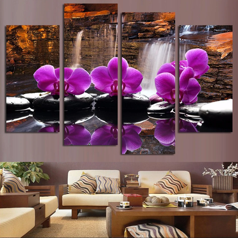 

Modular Decoration HD Printed Posters Picture 4 Panel Pink Orchid On Canvas Wall Art Home Frame Living Room Modern Painting