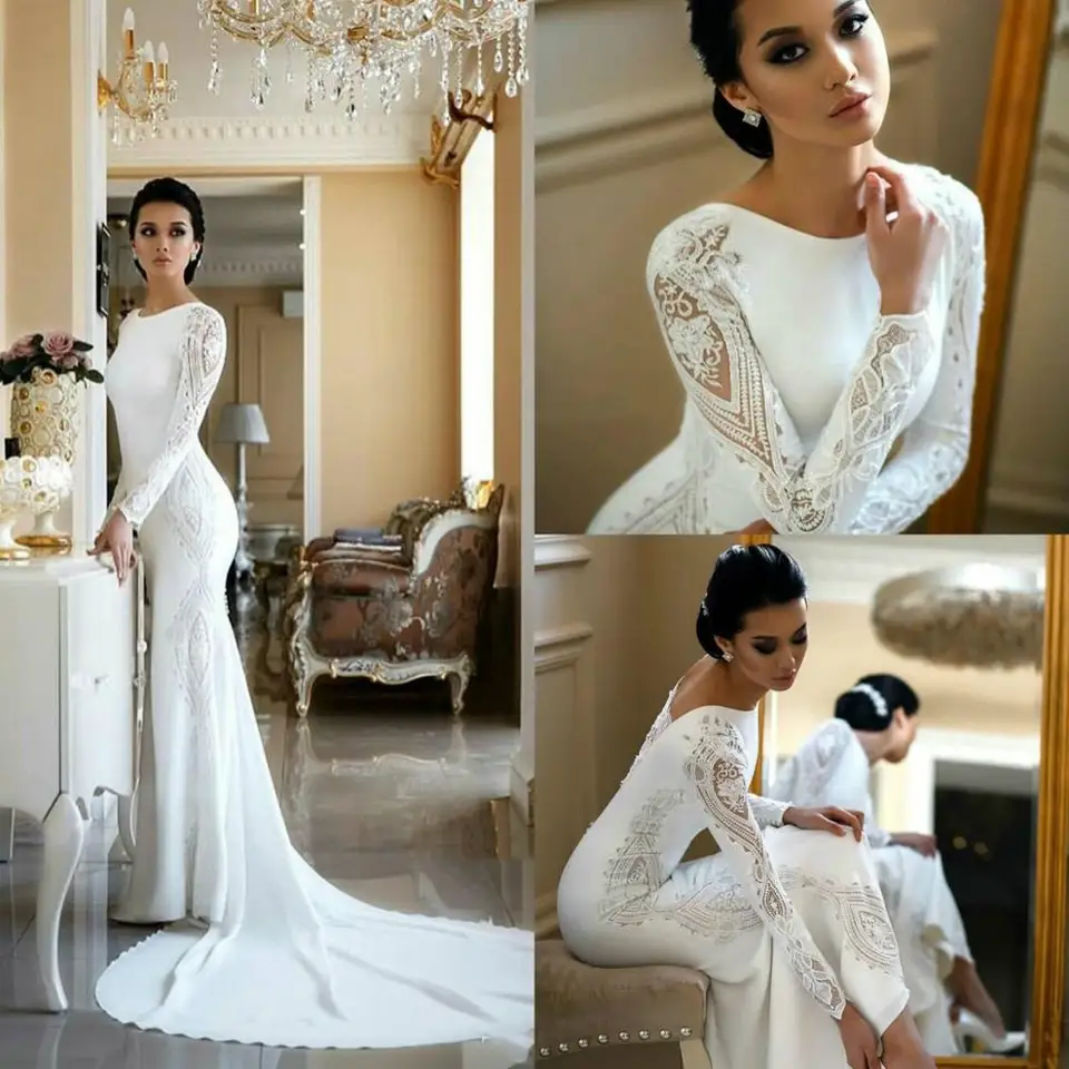 Vestido De Novia Elegante De Manga Larga De Sirena Con Apliques De Encaje Vestidos De Novia Bohemios De Saten Para Playa Vestido De Novia Con Lentejuelas Aliexpress