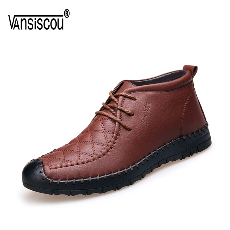 

VANSISCOU Men Ankle Boots High Quality Winter Soft Leather Snow Boots Vintage Warm Fur Casual Shoes Male Shoes Flats