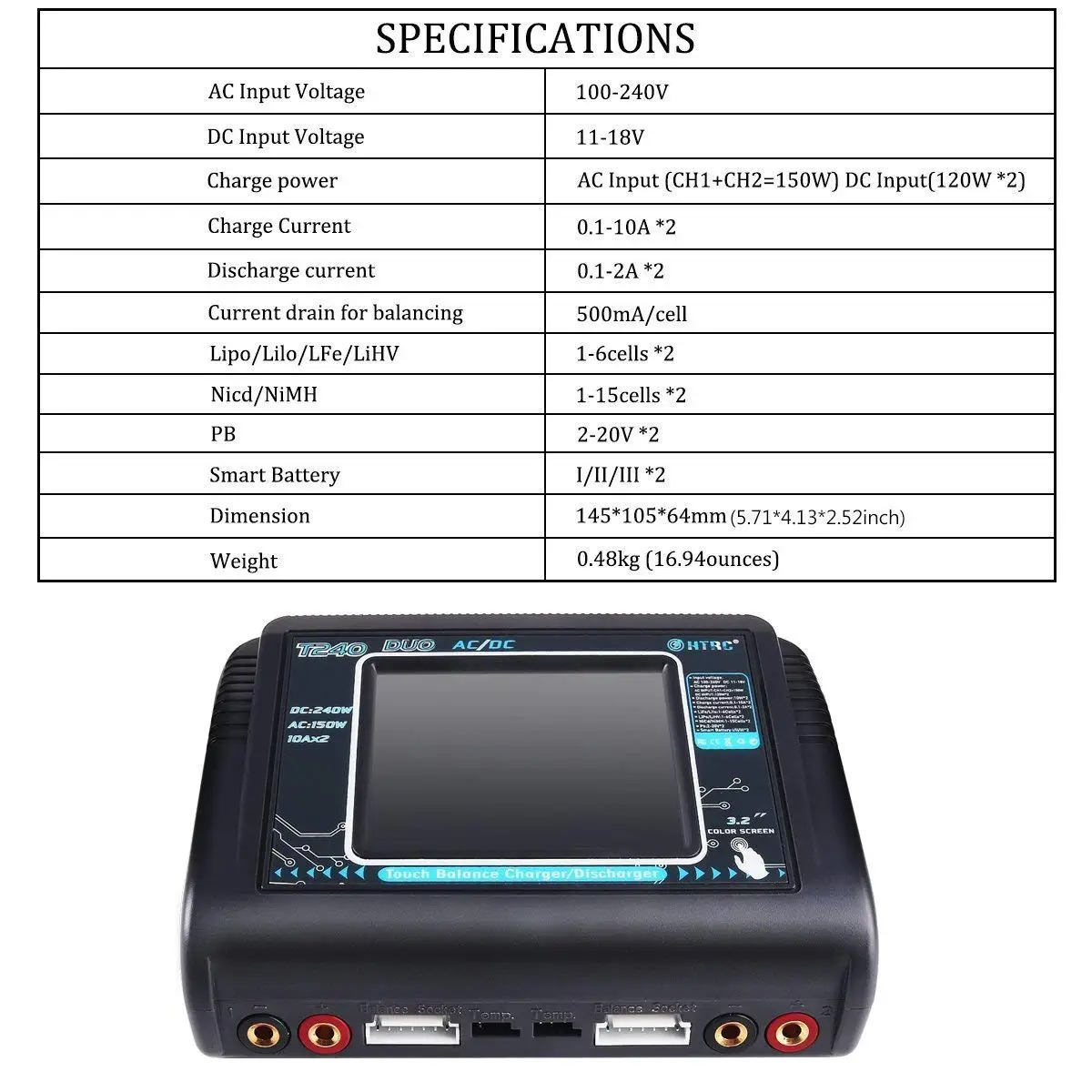 HTRC T240 сенсорный экран двухканальный аккумулятор баланс зарядное устройство Dis зарядное устройство DUO AC 150 Вт DC 240 Вт 10A для радиоуправляемых моделей Игрушек