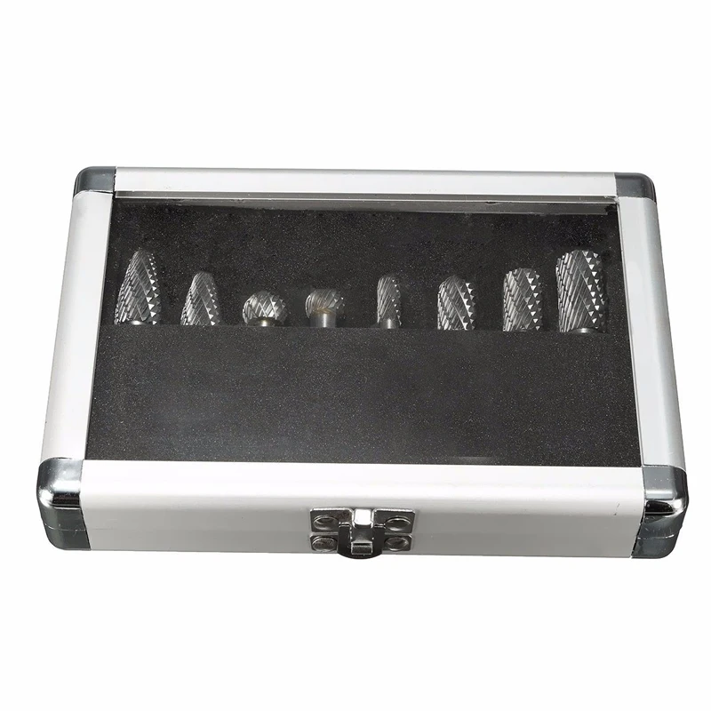 8PCS x 1/4'' Shank Double Cut Carbide Burr Die Grinding Rotary Bit Set W/Case