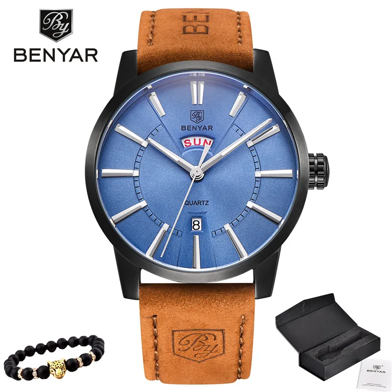 BENYAR новые деловые мужские часы Топ бренд Роскошные Кварцевые часы с двойным календарем спортивные мужские наручные часы поддержка дропшиппинг - Цвет: 5101-Black blue