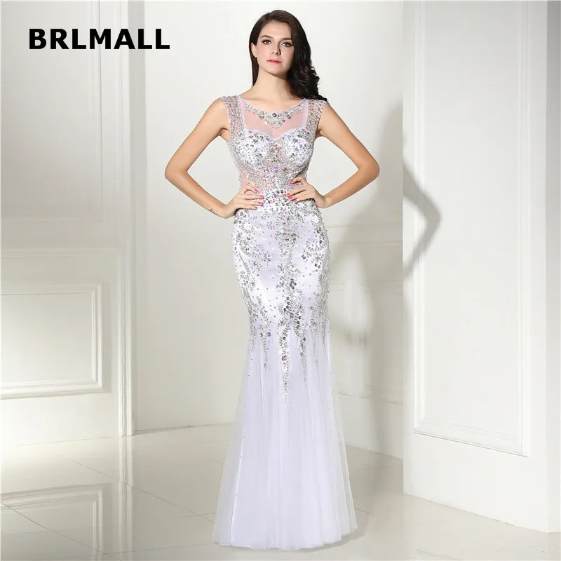 Sexy White Tulle Mermaid Evening Dresses Bateau Sleeveless Prom Gowns