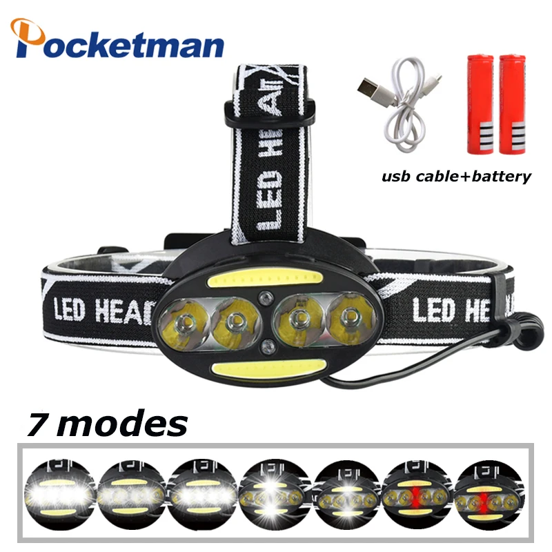 

30000ml LED Headlight 4*T6 headlamp+2*COB+2*Red USB Rechargable light 7 modes Flashlight Use 2*18650 battery for Cycling