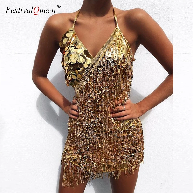 Женское блестящее мини платье на лямках FestivalQueen золотистое с бахромой и открытой
