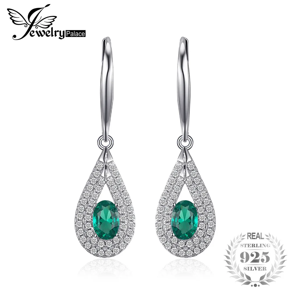 

JewelryPalace 1.2ct Oval Created Emerald Dangle Earrings 100% 925 Sterling Silver Fine Jewelry Charms Wedding Earrings For Women