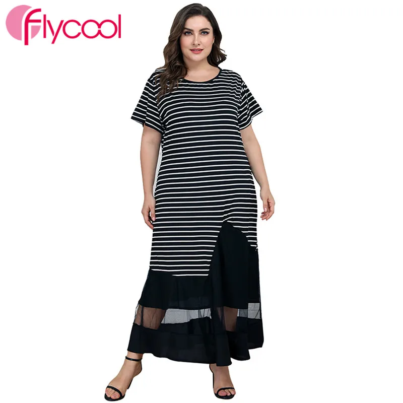 

Flycool 2019 New Summer Women O Neck Solid Dress Casual Stripes Mesh Patchwork Big Size Maxi Dress XL-XXXXL Wholesale Dress