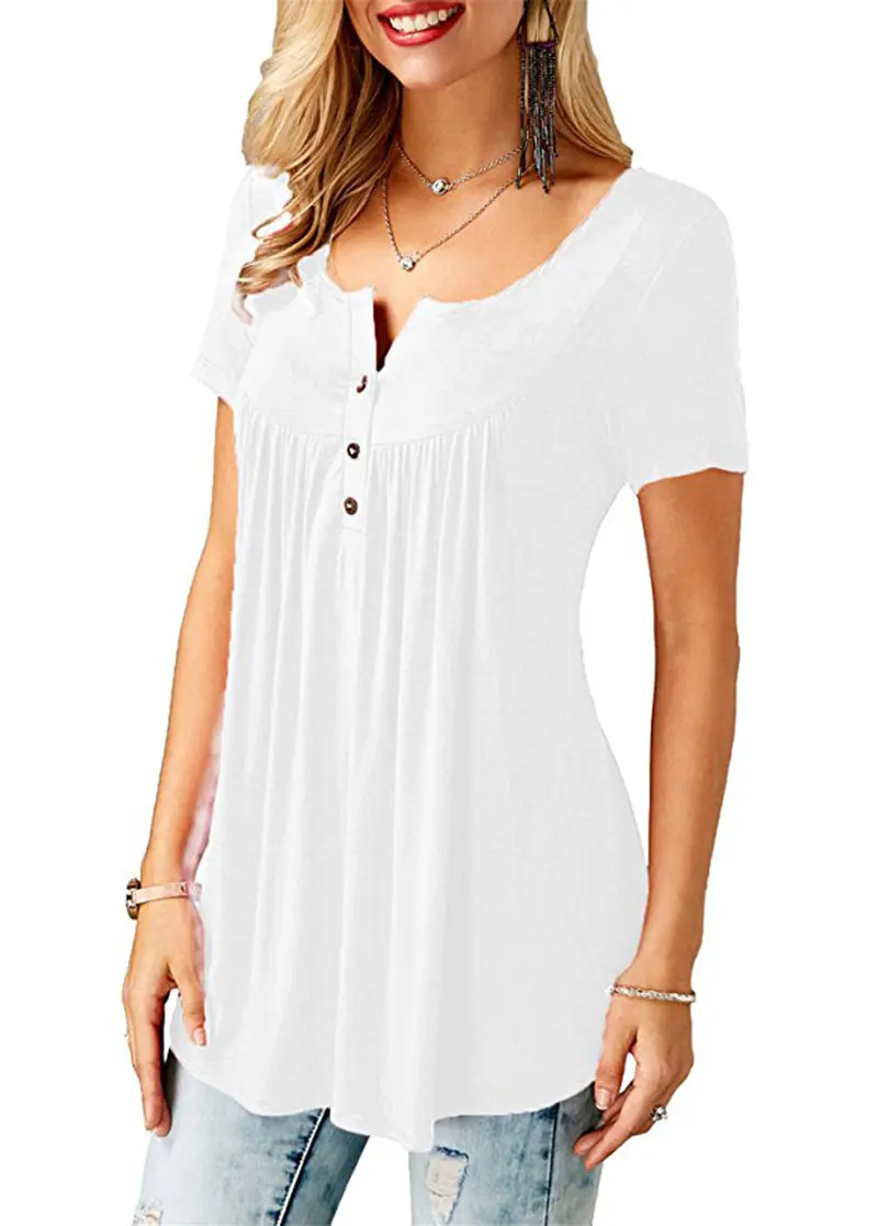 Women'S Summer Casual Short Sleeve T-Shirts Ruffle Button Up Split Neck Blouse Tunic Top Female 2018 Fashion Solid Loose Tees (9)