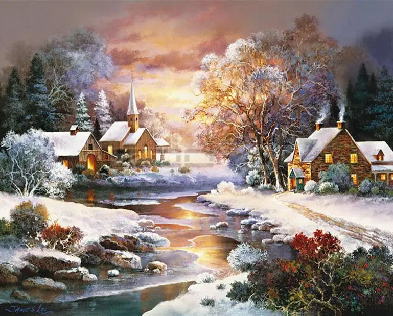 Diamond Embroidery 5D DIY Diamond Painting Snow Cottage Landscape