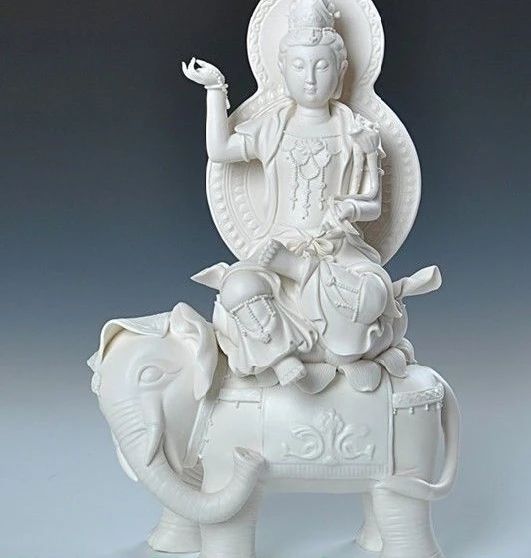 

17"China Dehua White Porcelain Wenshu Puxian Kwan-yin Buddha On Elephant Statue