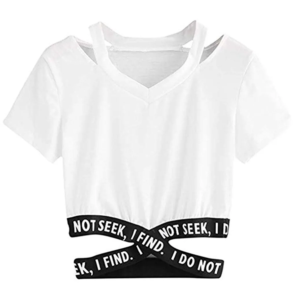 

T Shirt Women Lady Fashion Soild T-shirt Summe Latter Cross Bandage Sexy Tops Fashion Women Tshirts tops mujer verano