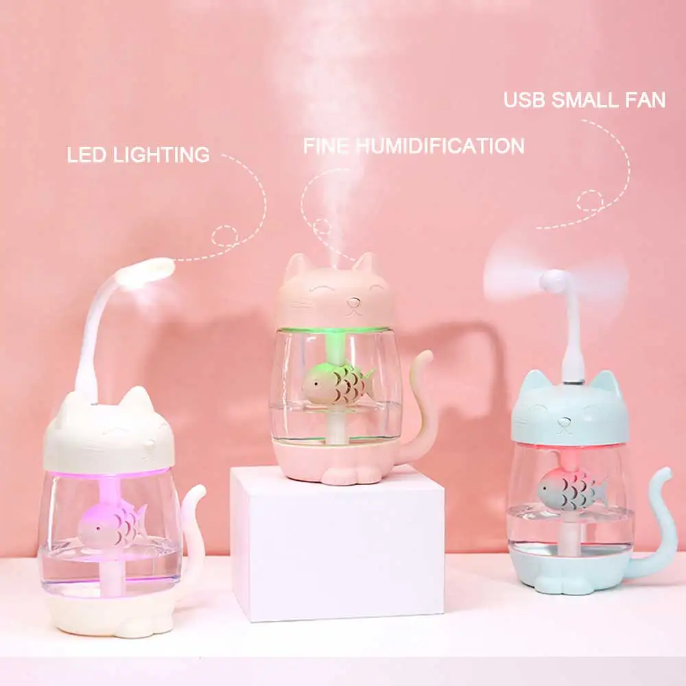 

3 in 1 350ML USB Cat Air Humidifier Ultrasonic Cool-Mist Adorable Mini Humidifier With LED Light Mini USB Fan for Home office