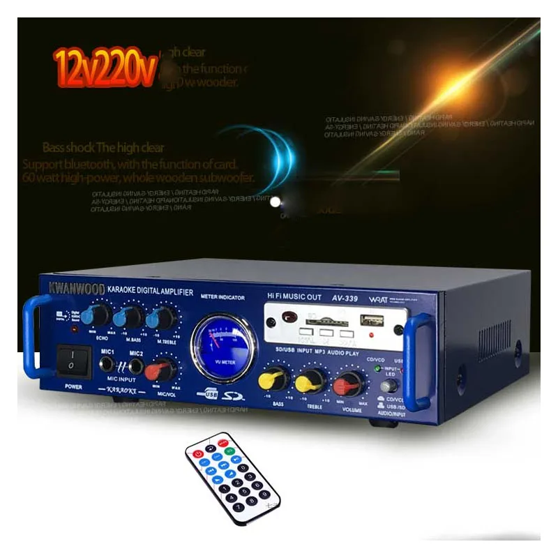 

12v /220v small mini home amplifier K song high power car amplifier AV-339