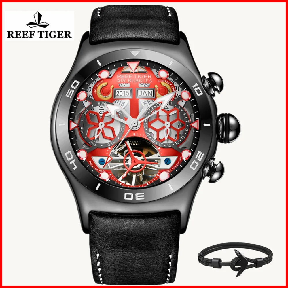 

Reef Tiger/RT Mens Sport Watches Skeleton Dial and Hands Year Month Date Day Watch Luminous Black Steel Automatic Watch RGA703