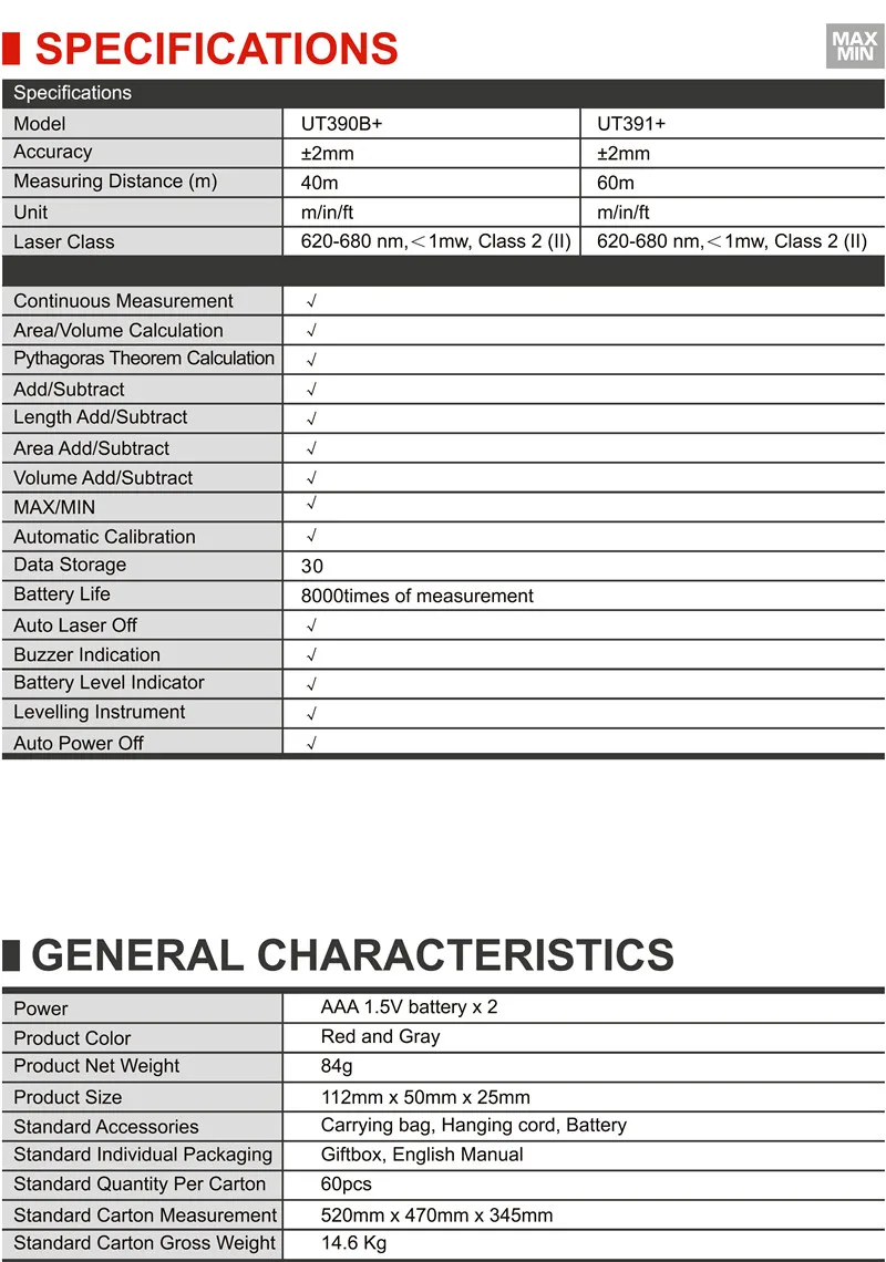 UNI-T UT390B+/UT391+ Лазерный дальномер; 40 м/60 м Инфракрасный измерительный прибор/электронная линейка, хранение данных, автоматическое отключение