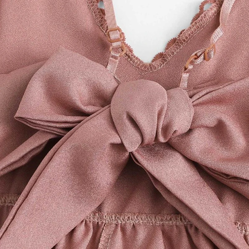 ROMWE контраст кружево узел Назад Cami Romper для женщин розовый V образным вырезом бретели для нижнего белья костюм пляжного типа без рукавов