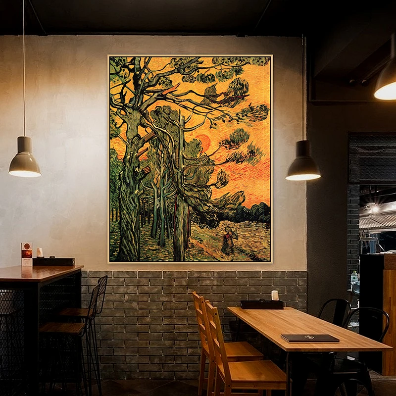 

Pine Trees against a Red Sky with Setting Sun Van Gogh Famous Master Artist Original Canvas Painting Print Room Wall Art Decor