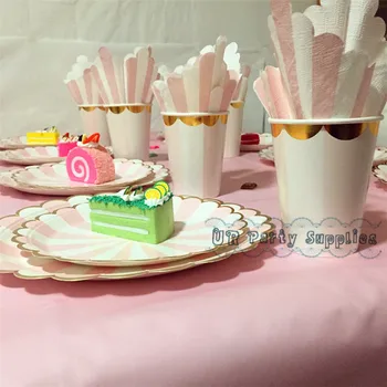 

32 Sets Light Pink Stripe Party Tableware Large 9" Plate Cups with Gold Foil Scallop Edge Baby Pink Paper Napkin 4 Table Cover
