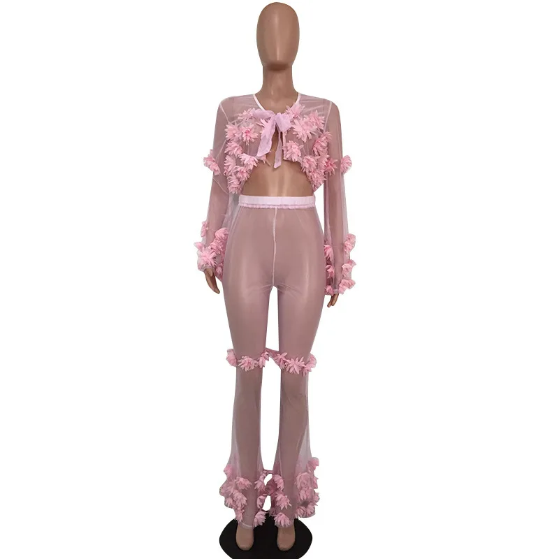 COSYAGL, Цветочный, сетчатый, сексуальный, Женский комплект 2 шт., футболка+ штаны, комплект из двух предметов, перспективный, для ночного клуба, набор,, галстук-бабочка, розовый, летний комплект