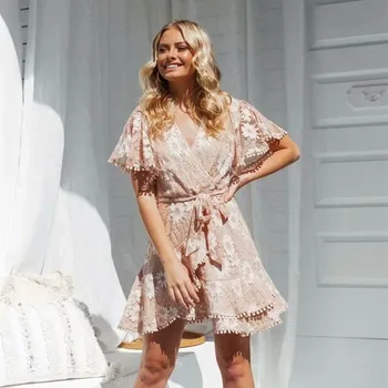 

2019 Women Summer Sexy Vintage Lace Dress Casual Korean Elegant Party Night Pink Mini Dress