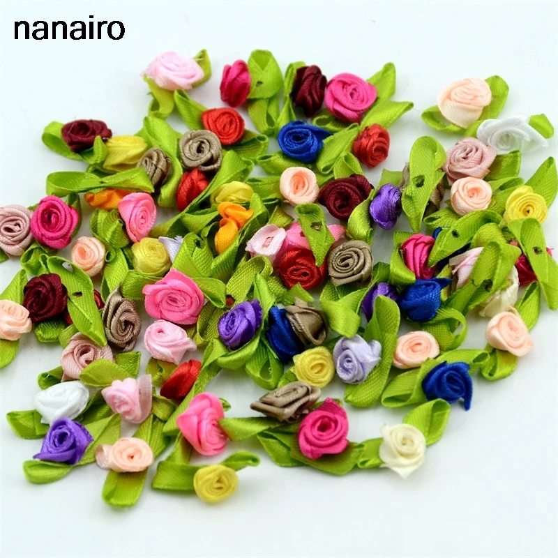 100pcsArtificialMiniSilkFlowerArtificialHandmadeDIYRibbonRose