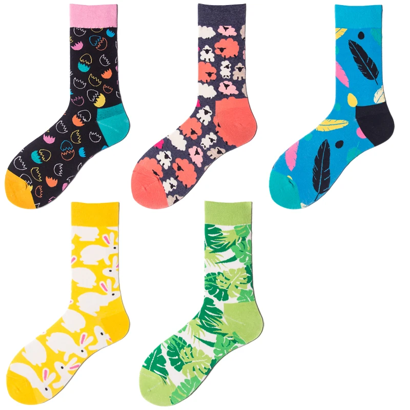 

5 Pairs/Lot Cotton Men Women Funny Autumn Socks Winter Colors Fashionable Lovers Happy Easter Character Long Crew Socks