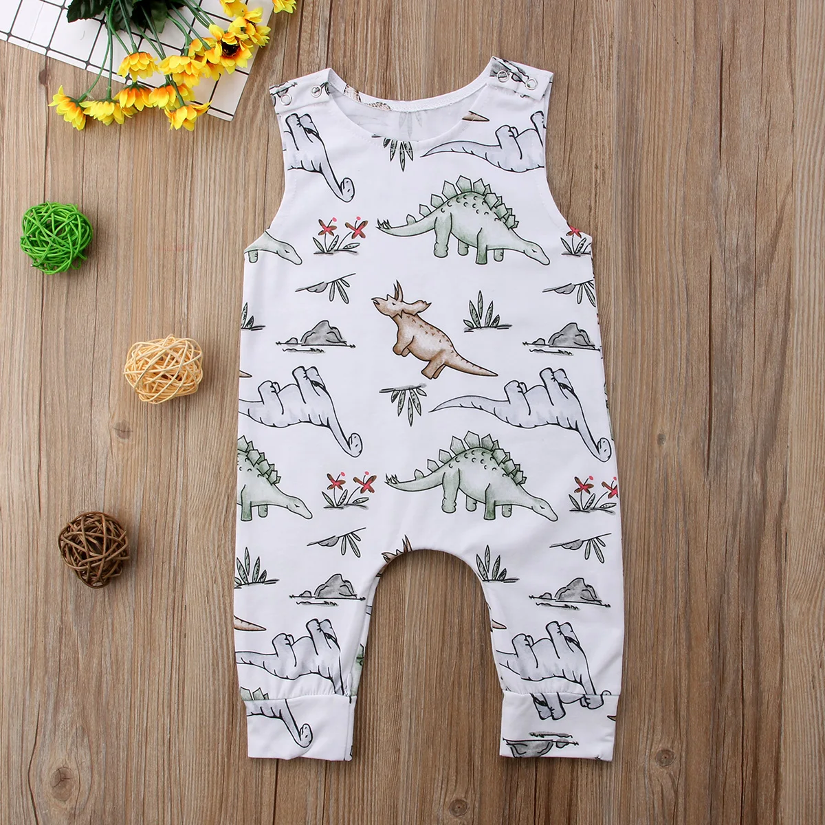 

New Cute Toddler Infant Newborn Baby Girls Boys Unisex Covered Button Clothes Sleeveless Dinosaur Romper Jumpsuit Outfits 0-24M
