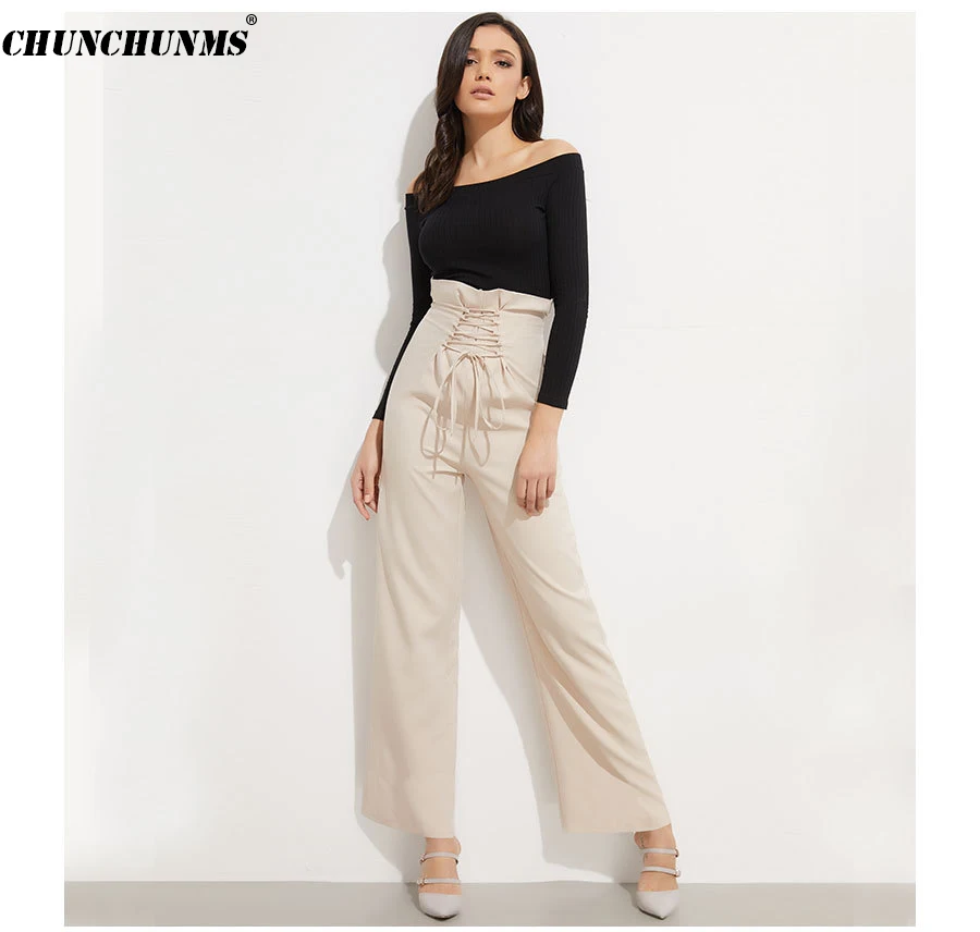 

2019 Lace Up Wide Leg Pants Fashion High Waist Drawstring Work Wear Pants Office Lady Formal Slacks Elegant Ruffles Pantalones