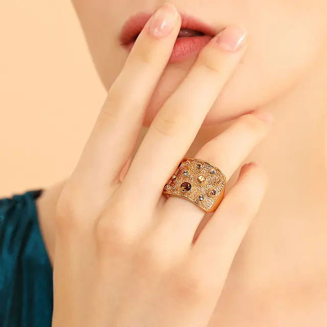 Viennois Wide Gold Color Finger Rings For women Multicoloured Rhinestones Paved Viennois Wide Gold Color Finger Rings For women Multicoloured Rhinestones Paved