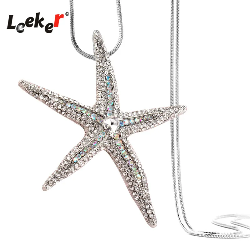 

LEEKER Vintage Cubic Zircon Starfish Big Pendant Necklace Silver Color Long Snake Chain For Women 436 LK8