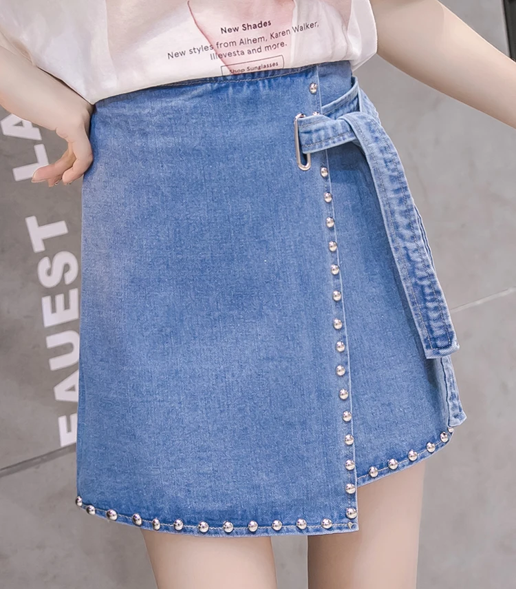 Rivets Denim Casual Skirt 2019 New Fashion Wash denim blue Lace up