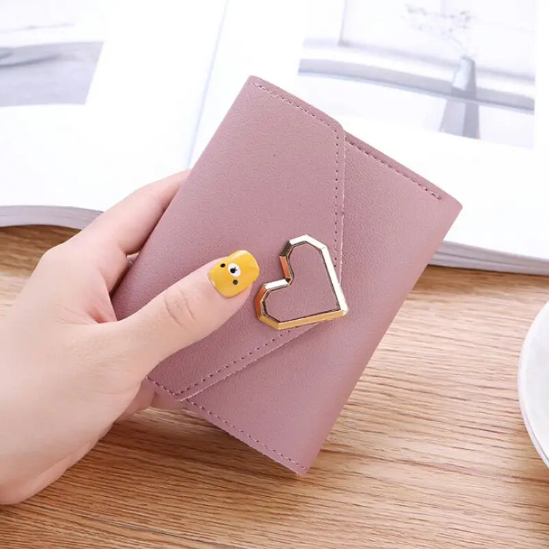 Women's Wallet For Credit Card Metal Heart-shaped Leather Short Section Three-folded Wallet Elegant Female Wallet Card Package Women's Wallet For Credit Card Metal Heart-shaped Leather Short Section Three-folded Wallet Elegant Female Wallet Card Package