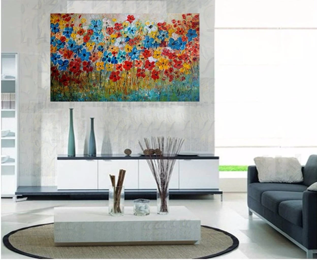 Daisies Colorful Impasto Canvas Painting White, Blue, Yellow, Orange (2)