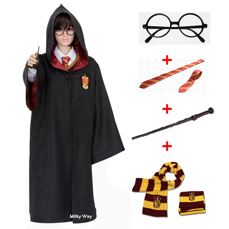 

Milky Way Anime Robe Adult Harri Slytherin Uniform Potter Cosplay Costume Gryffindor Ravenclaw Hufflepuff Clothes Magic Wand