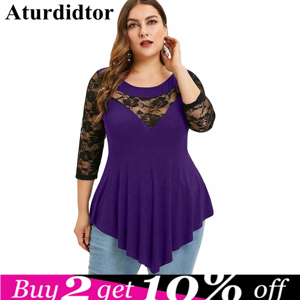

Plus Size T-Shirt 5XL Floral Lace Panel Asymmetrical Fashion Women T Shirts Summer O Neck Three Quarter Sleeves Ladies Tops