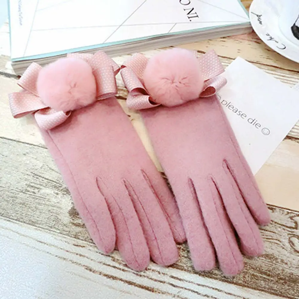 

1 Pair Women Bowknot Ball Cashmere Gloves Autumn Elegant Sweet Ladies Winter Warmer Mittens Female Gloves