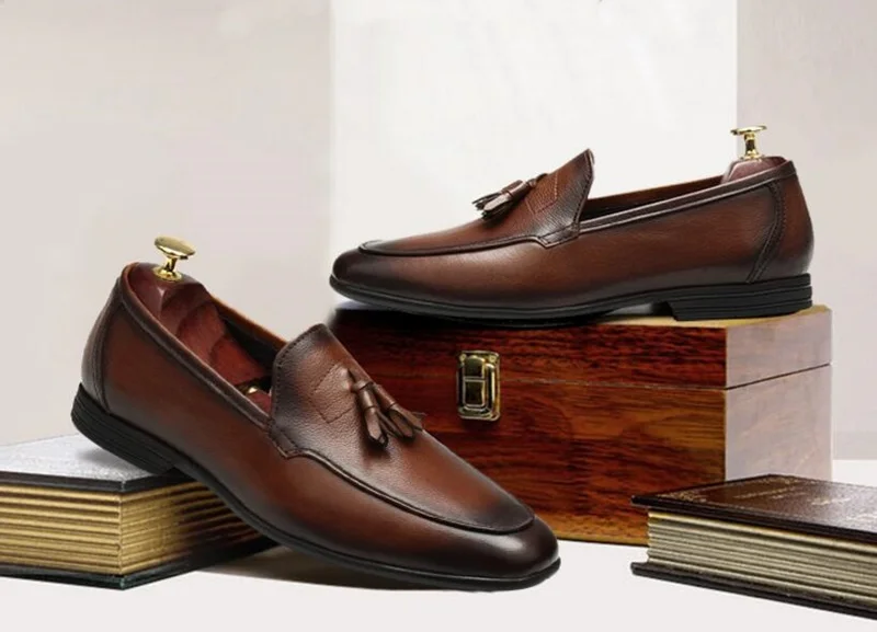 OMDE/итальянские Стильные лоферы с кисточками; Мужская обувь из натуральной кожи без застежки; модная повседневная обувь в деловом стиле; Мужская Свадебная обувь ручной работы