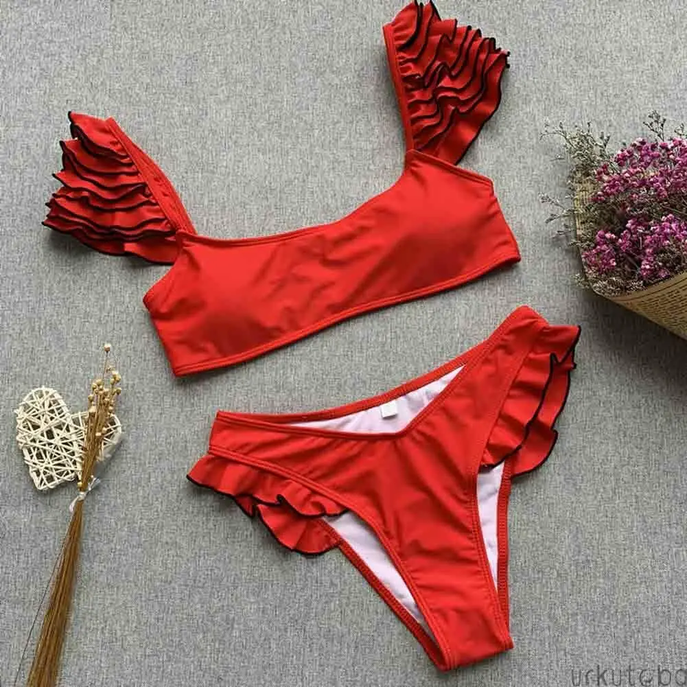 

IMCUTE 2019 Red Swimsuit with Ruffles Swimwear for Women Separate Female Bathing Suit