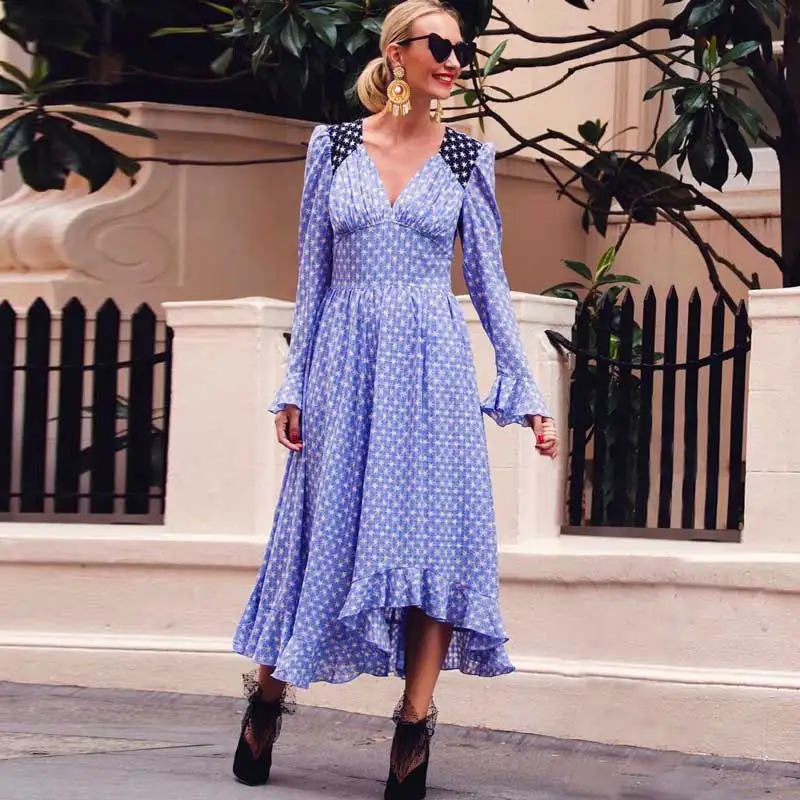 BOHO Вдохновленный синий звезды печатное платье для женщин ruffled макси 2019 весна лето