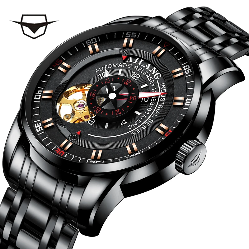 

New AILANG luxury brand men's stylish personality of the automatic mechanical watch waterproof stainless steel men's watch 2018