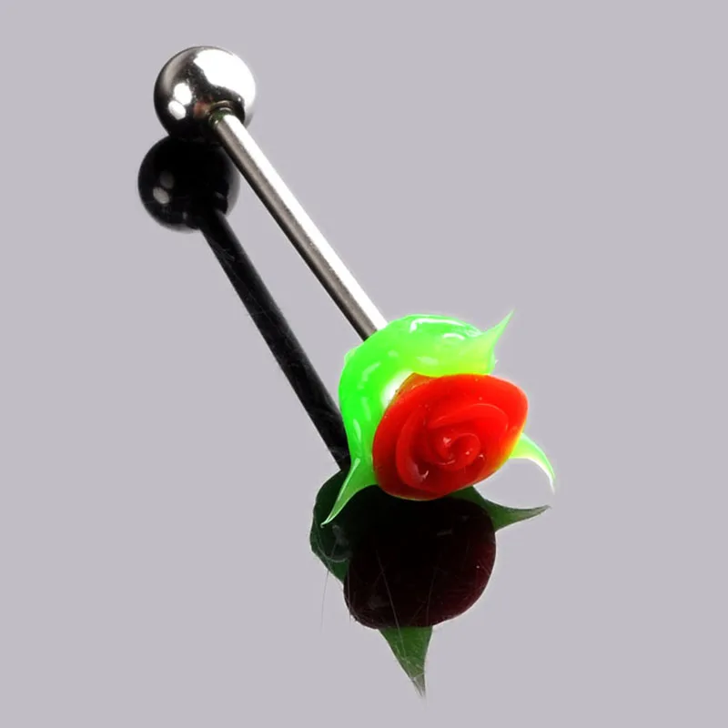 

Colorful Rose Flower Ball Tongue Rings Bars Barbell Piercing Stainless Steel Labret Lip Navel Nipple Ring Body Jewelry Free