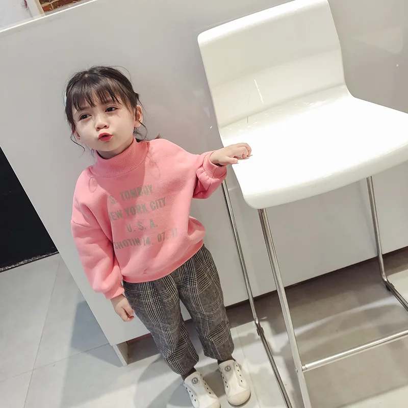 Толстый свитер для девочек осенне-зимняя одежда детский свитер в Корейском стиле с полувысоким воротником и бархатом для малышей