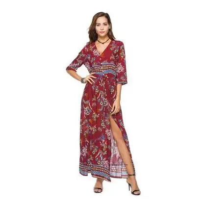 Женское длинное платье с цветочным принтом Boho богемное Свободное v образным