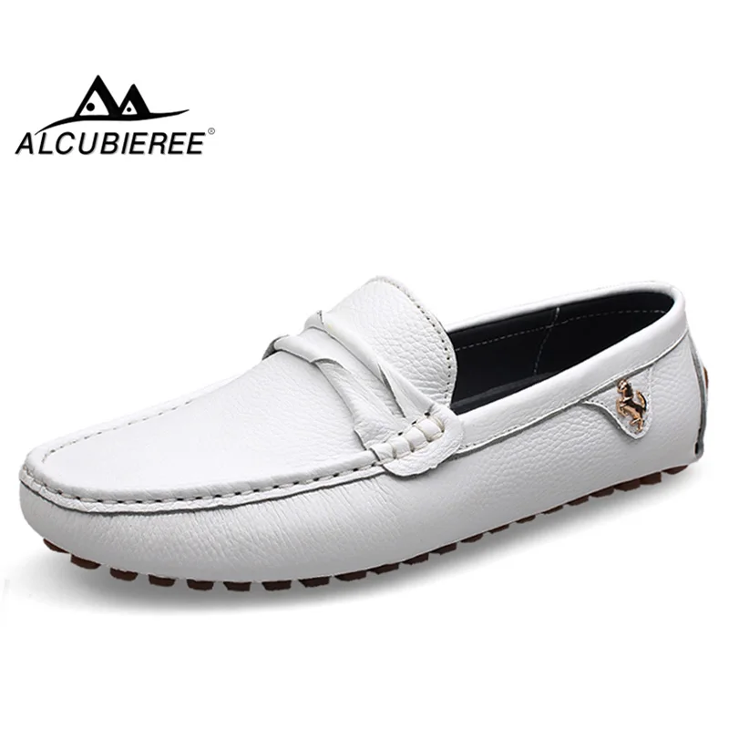 

ALCUBIEREE Brand Mens Flexible Boat Shoes Summer Man Genuine Leather Loafers Moccasins for Male Slip-on Driving Shoes Footwear